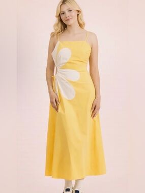 Very J, Yellow Floral Side Cutout Midi Dress. Sm med large
